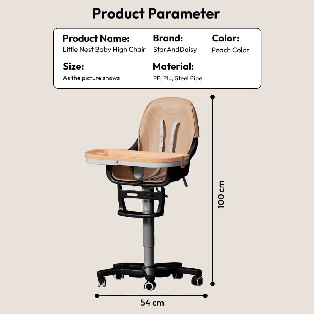 StarAndDaisy Premium High Chair for Baby with 5 Adjustable Seat, Dual Detachable Food Tray, 360 ° Wheels - Peach