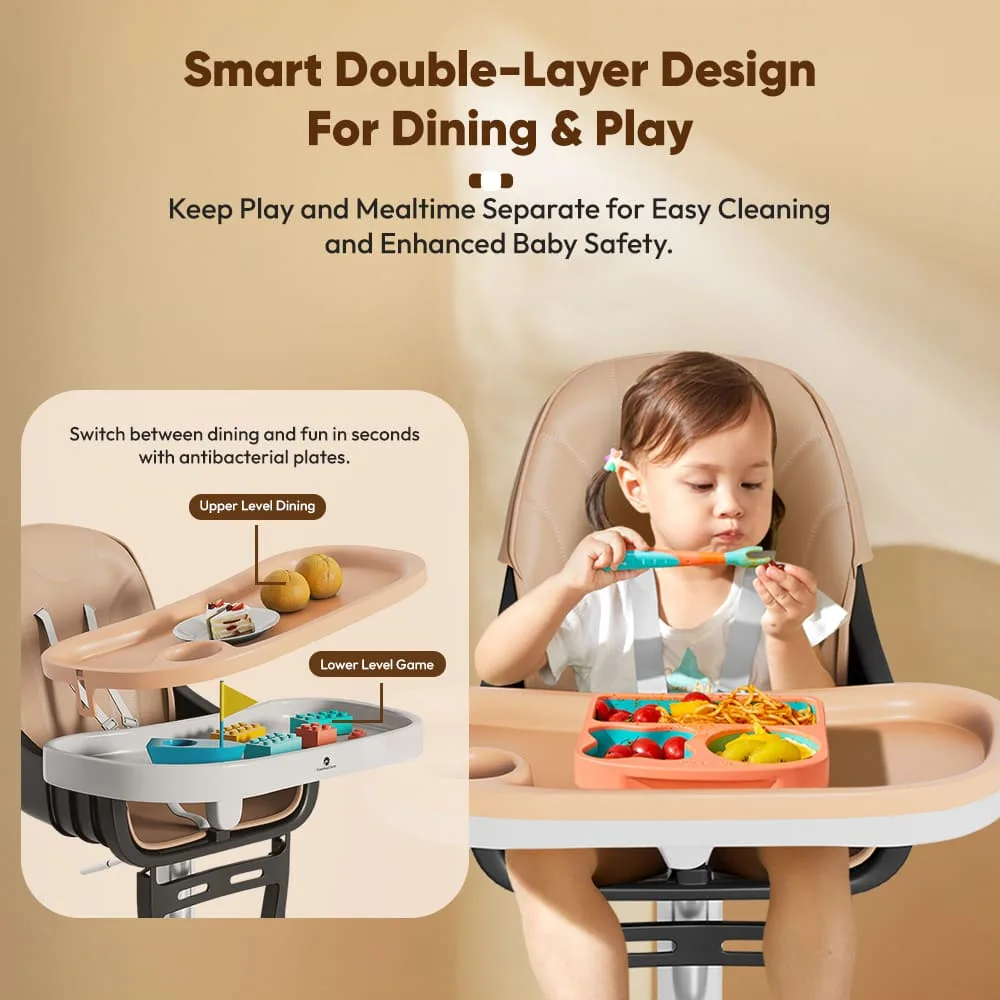 StarAndDaisy Premium High Chair for Baby with 5 Adjustable Seat, Dual Detachable Food Tray, 360 ° Wheels - Peach