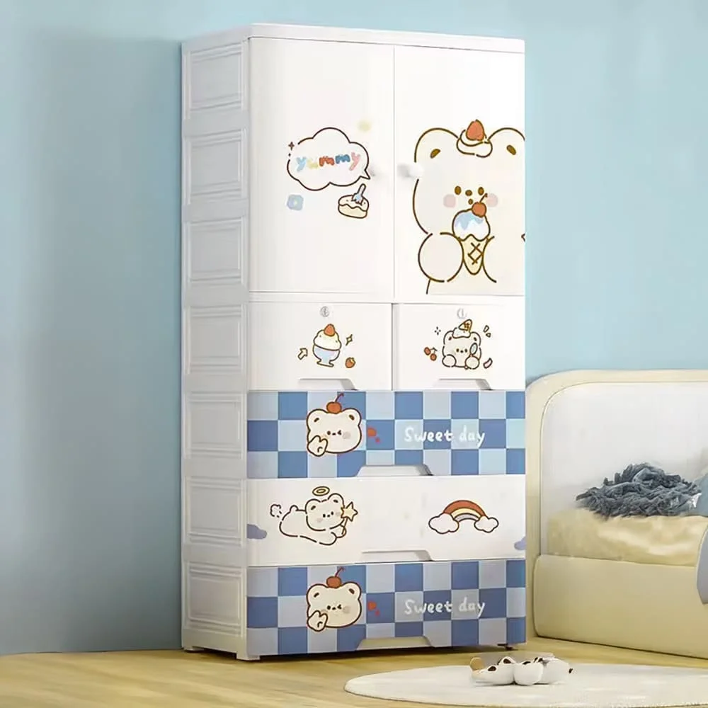 StarAndDaisy Multi-Purpose Kids Wardrobe, Portable Storage Cabinets with Drawers & Convertible Design - Cake Bear (H-156cm x W-70cm x D-38cm 7025-C