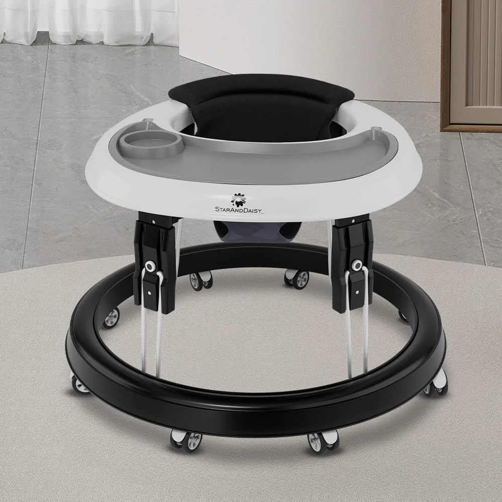 StarAndDaisy Baby Walker with Adjustable Height, Infant Walker with 360° Rotational Wheels and Detachable Feeding Tray, Padded Seat for 6-24 Months Babies - Black