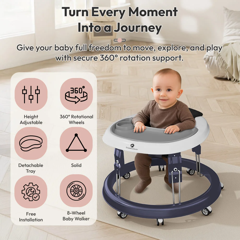 StarAndDaisy First Baby Walker with Adjustable Height, Infant Activity Walker with 360° Rotational 8 Wheels and Padded Seat for 6-24 Months Babies - Blue