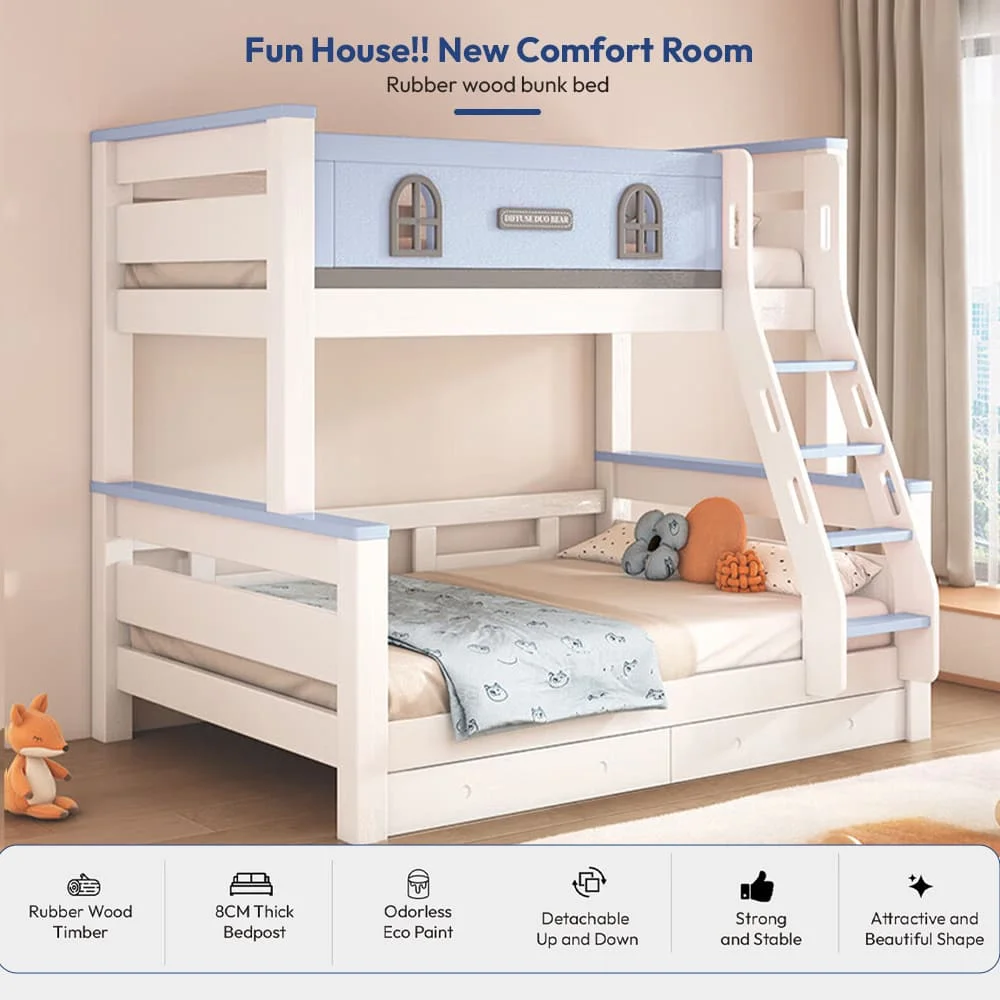 StarAndDaisy Luxury Bunk Bed for Children without Ladder Cabinets, Double Decker Kids Bed with Bed Guardrail - T4 Blue