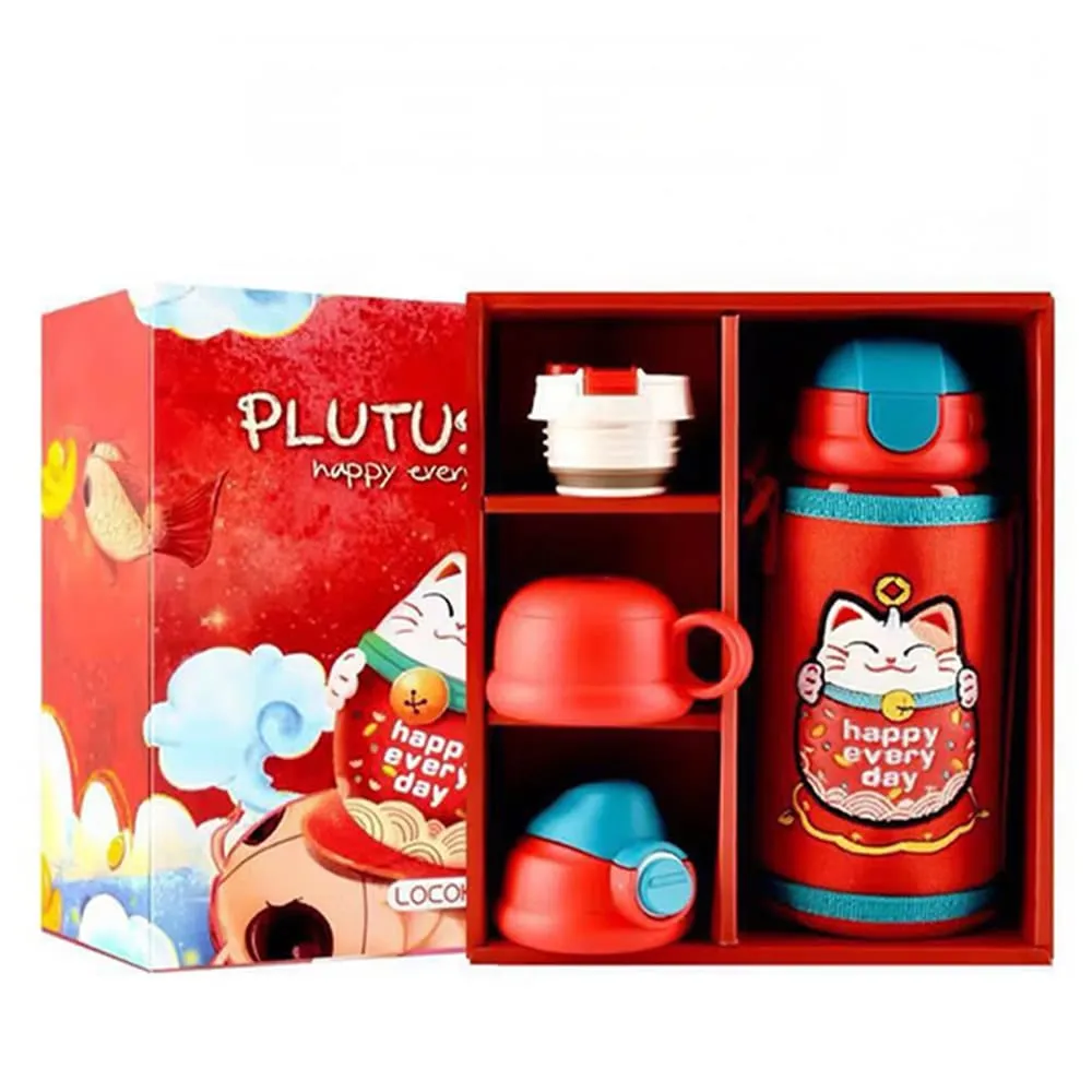 StarAndDaisy Cute Lucky Cat Thermos Flask Gift Set with Multiple Lids & Cup – Stainless Steel Insulated Bottle for Kids & Adults - Red