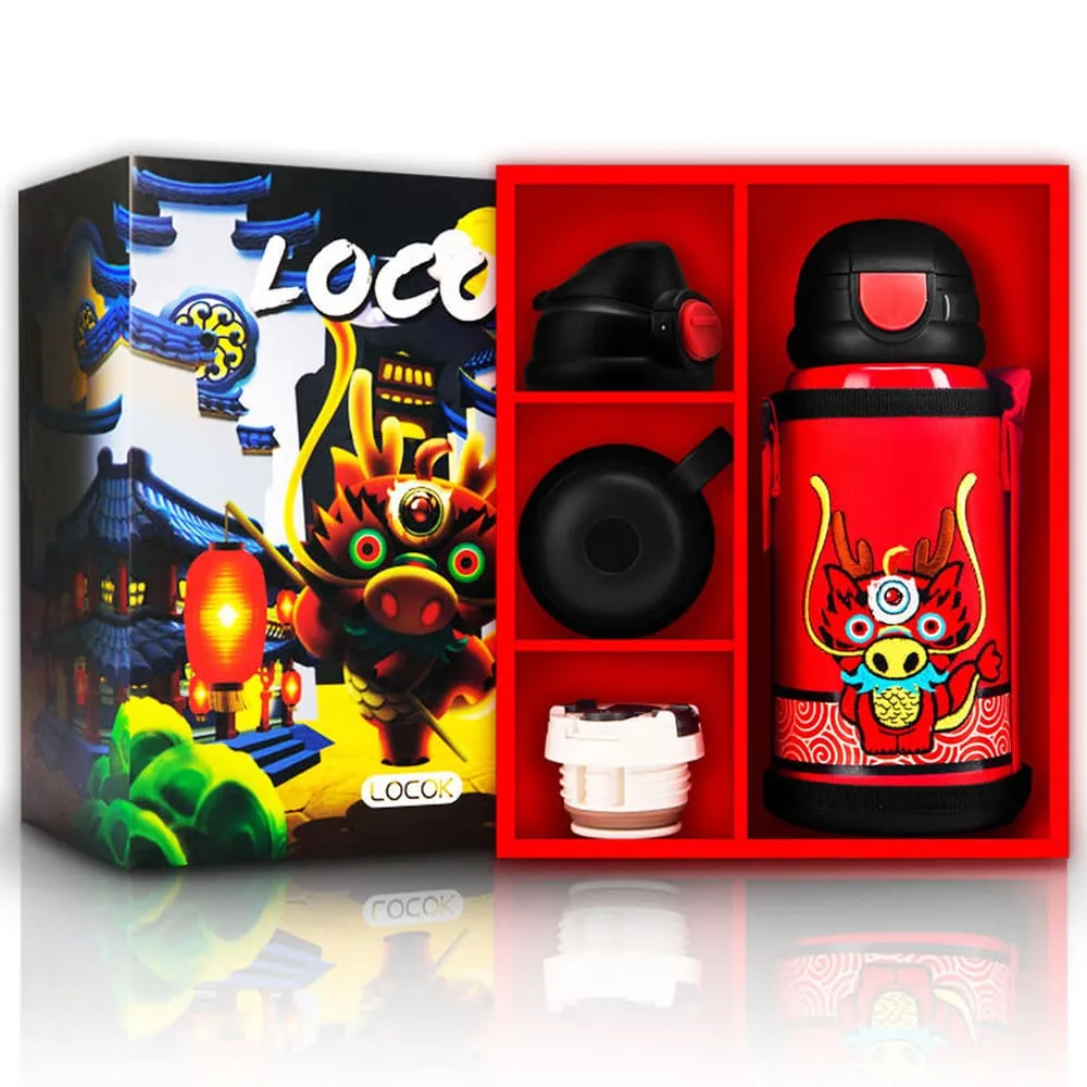 StarAndDaisy Dragon print Thermos Flask Gift Set with Multiple Lids & Cup – Stainless Steel Insulated Bottle for Kids & Adults - orange