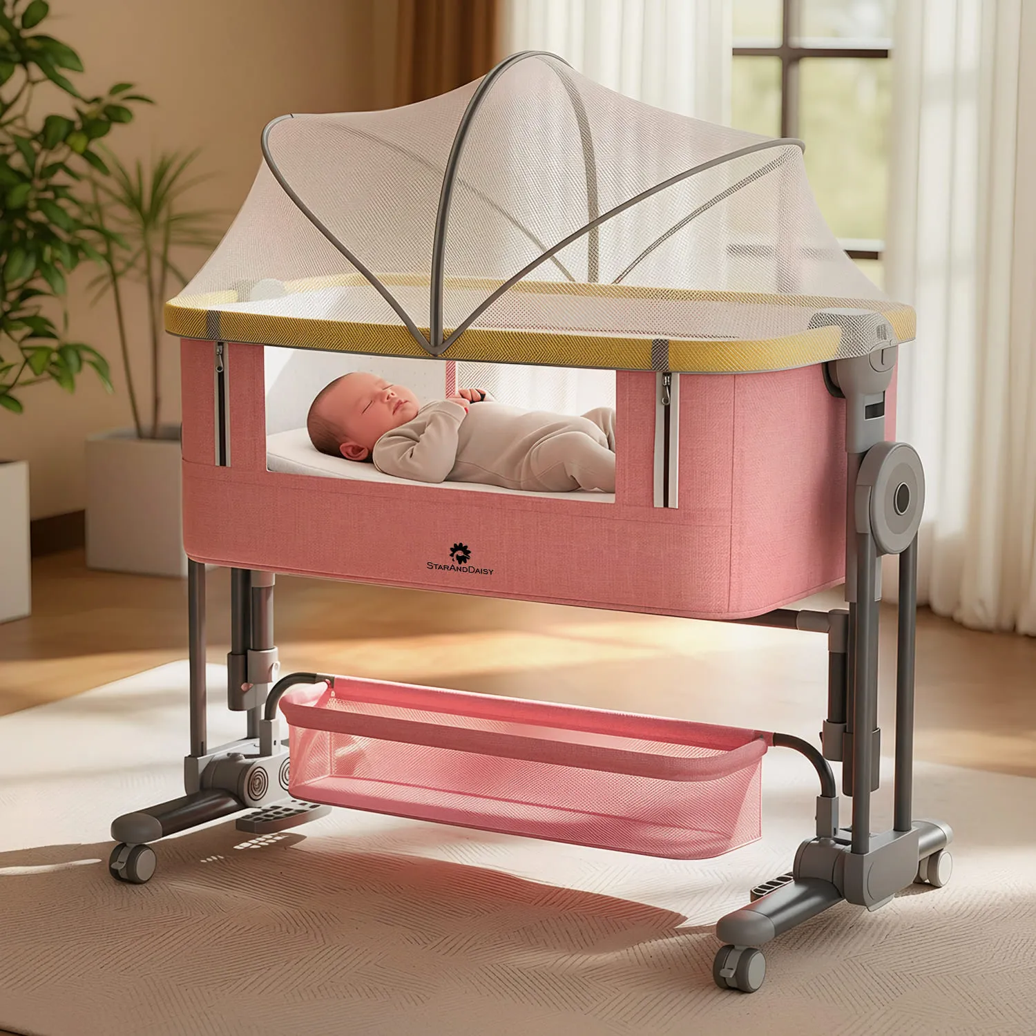 StarAndDaisy Bedside Baby Crib Cradle with 7-Level Height Adjustment, Smart Storage & Breathable Mesh, Convertible Baby Bassinet for Newborns-Pink