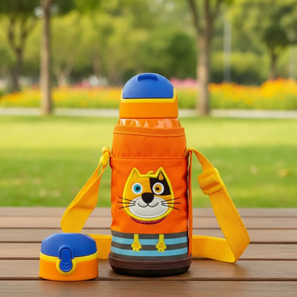kids water thermos oranage blue cat print