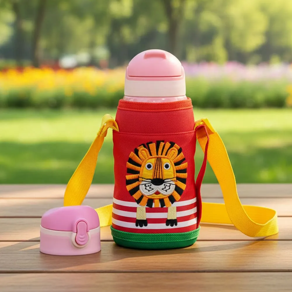 kids water thermos red pink lion print