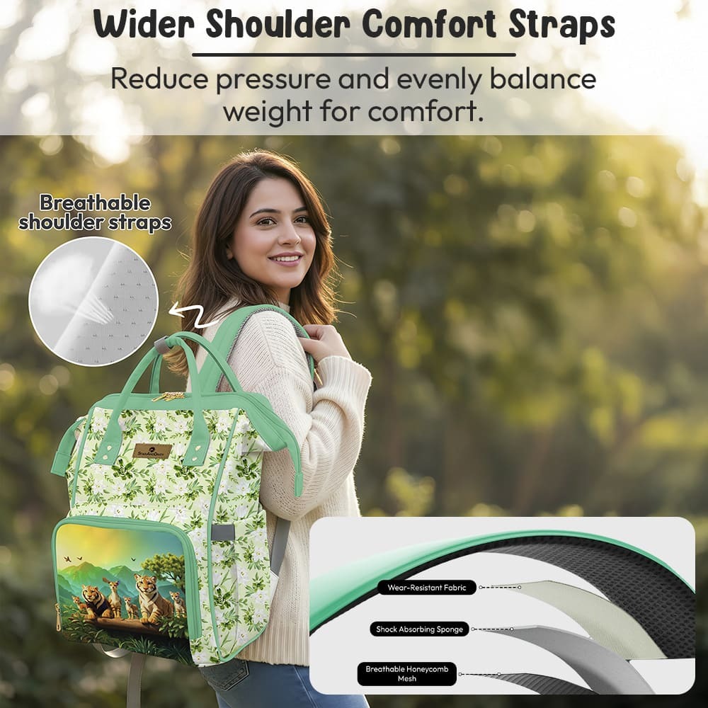 Diaper bag with wider straps lion print
