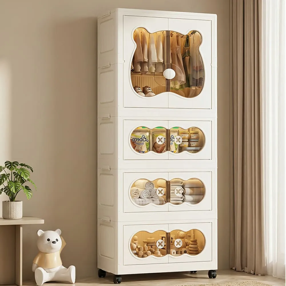 4-Layer Cartoon Bear Kids Wardrobe Foldable storage cabinets