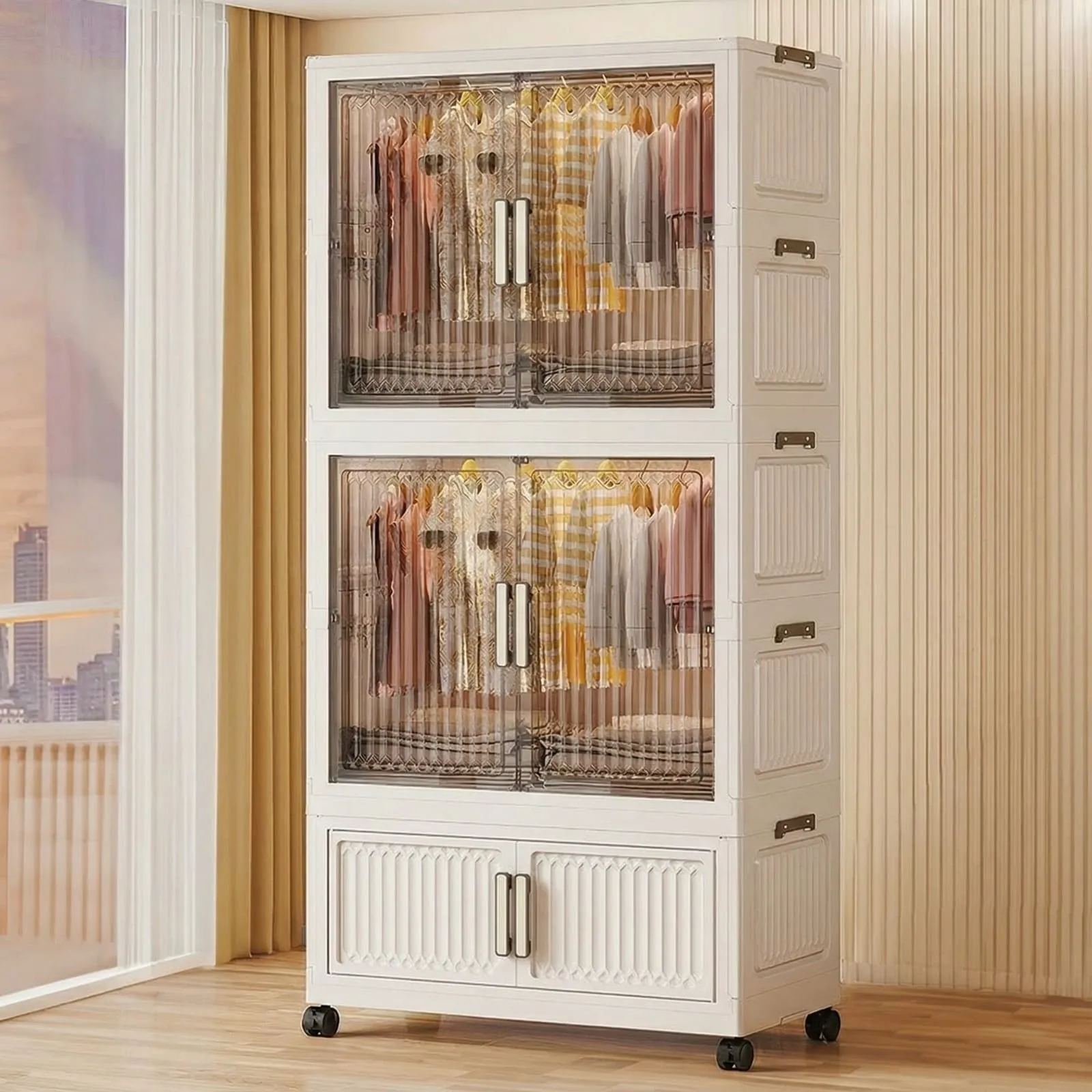 Foldable Wardrobe Clothes Organizer Storage Cabinets with Wheels white 2 and 1