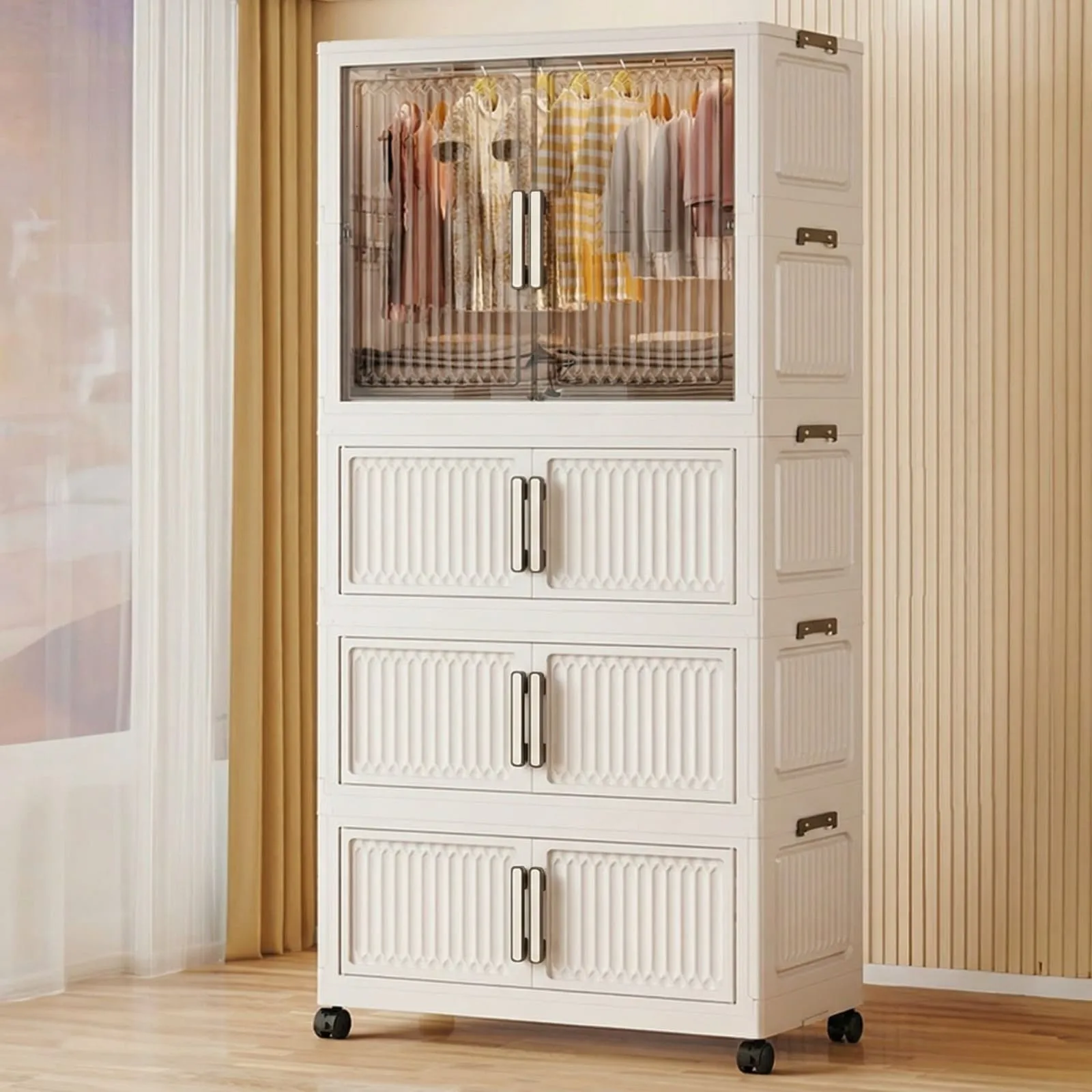 Foldable Wardrobe Clothes Organizer Storage Cabinets with Wheels white 3 and 1